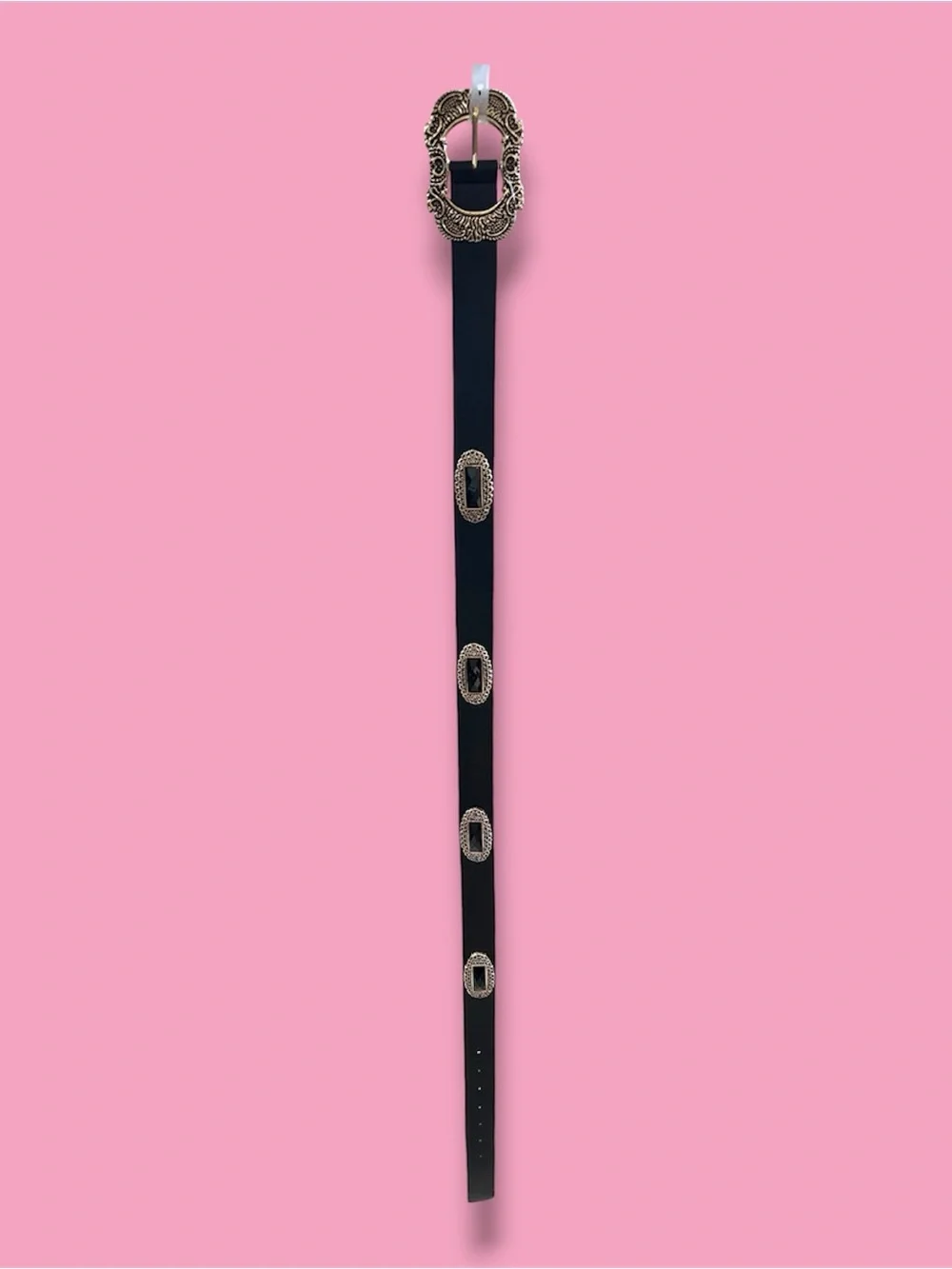 Black Leather Belt with Ornate Gold Buckle 40 inches